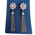 Pink Flower Earrings Gold Tassel Dangling Boho Chic