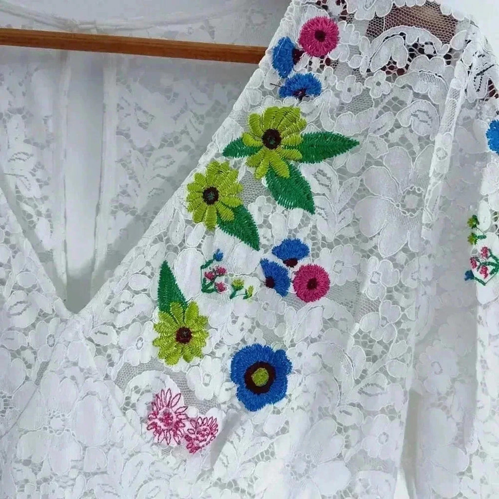 Anthropologie Tracy Reese White Lace Floral Embroidered Dress Women's Size 8