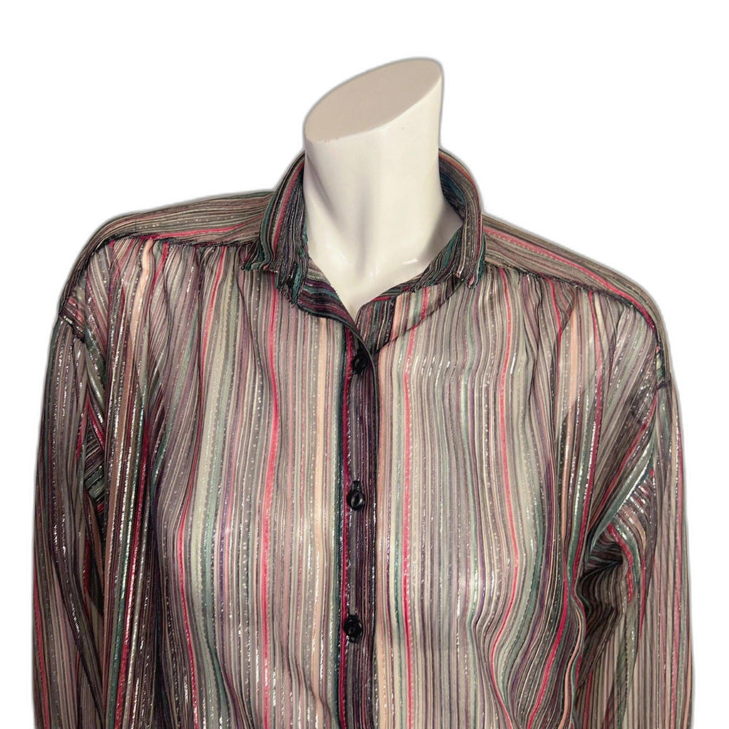 Vintage 1970s Jantzen Metallic Striped Button Down Shirt Sheer Disco Size 12