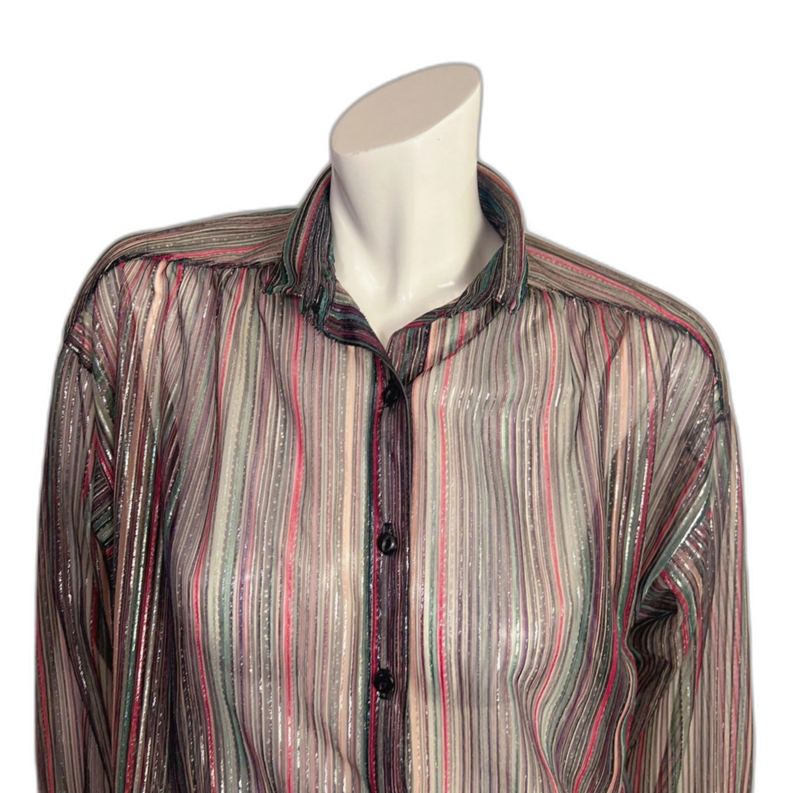 Vintage 1970s Jantzen Metallic Striped Button Down Shirt Sheer Disco Size 12