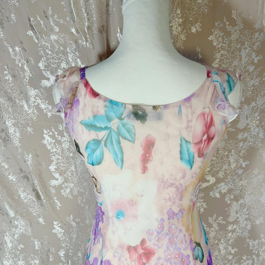 y2k Vintage Yubeier Butterfly Pink Chiffon Asymmetrical Dress Sequins Size M