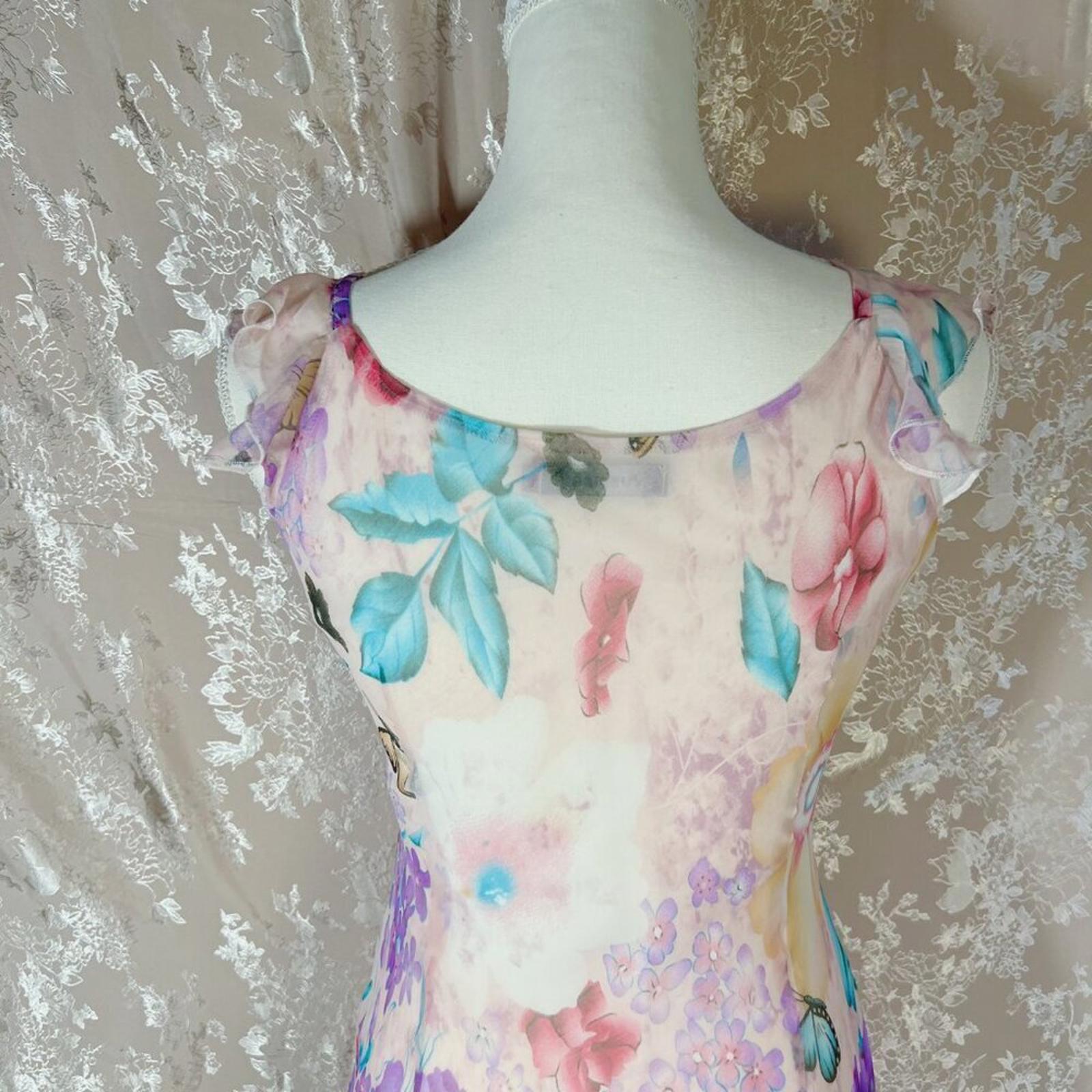 y2k Vintage Yubeier Butterfly Pink Chiffon Asymmetrical Dress Sequins Size M