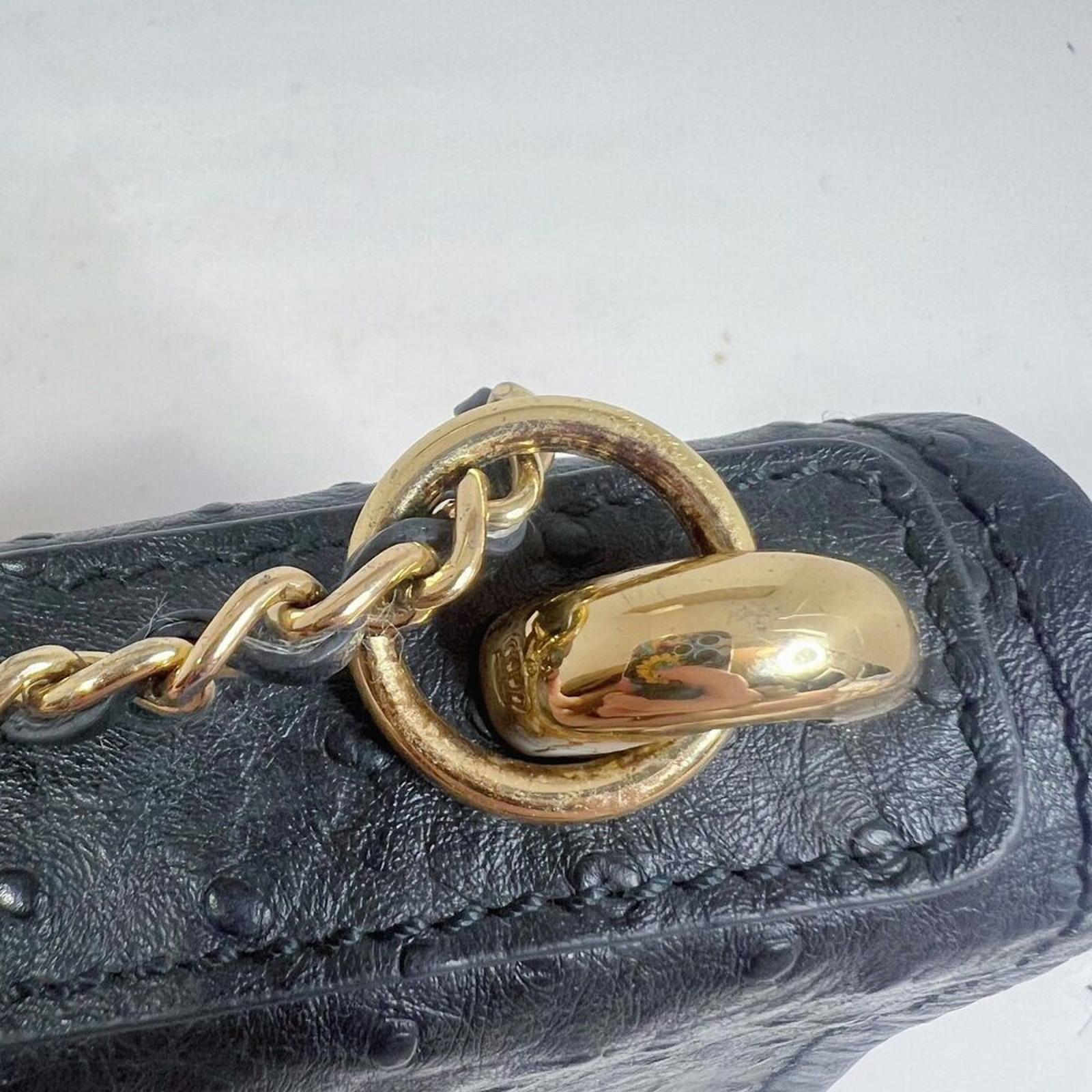 Vintage Tocco Toscano Black Ostrich Leather Structured Crossbody Bag Gold Chain