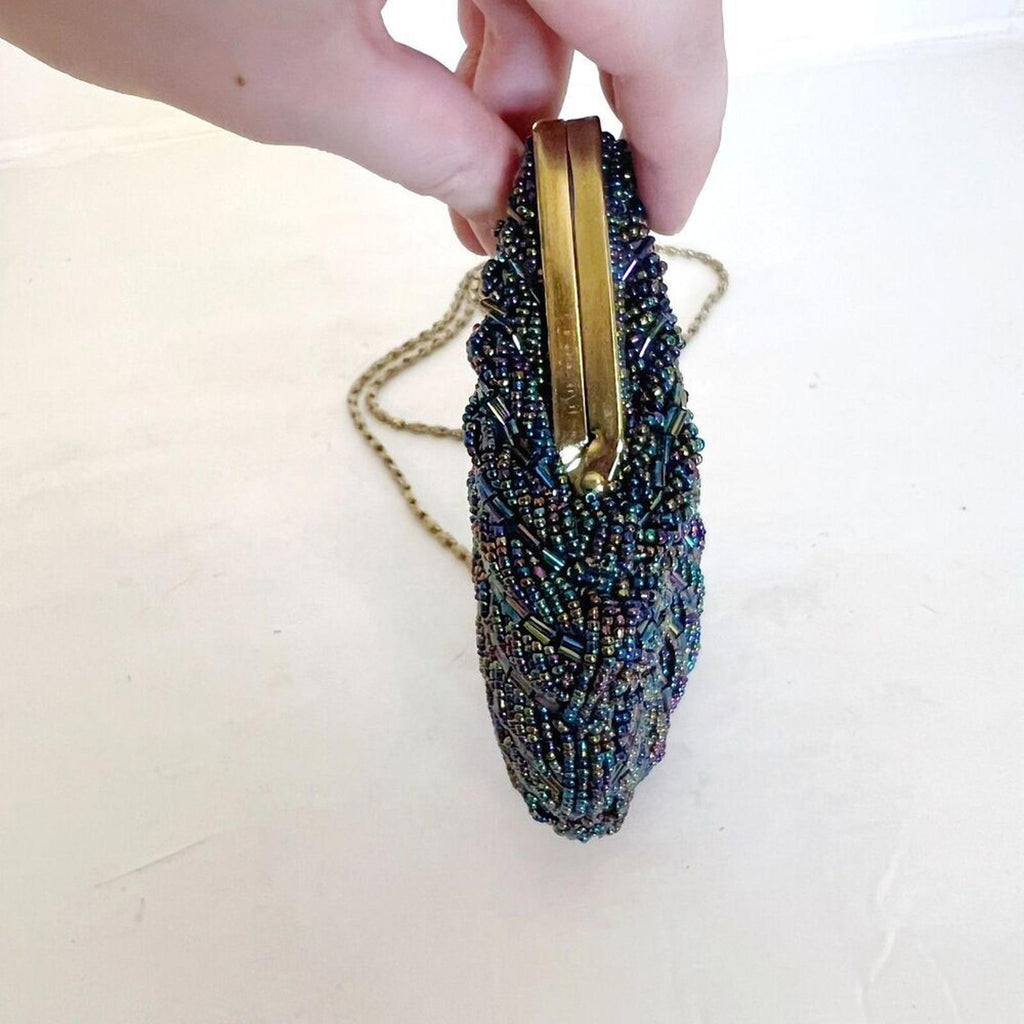 Vintage 80s La Regale Iridescent Blue Oil Spill Beaded Evening Bag Scalloped