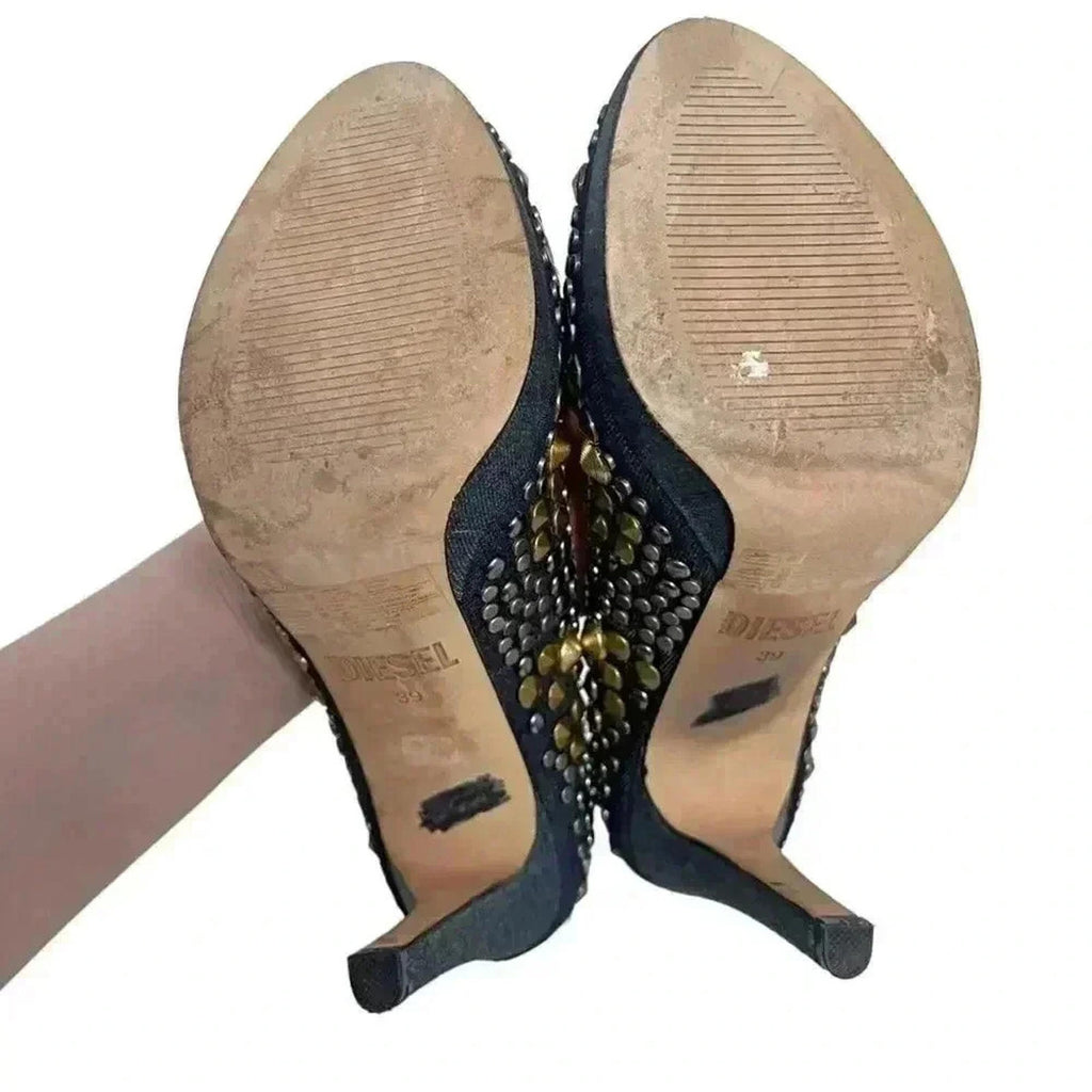 Diesel Kristaly Indigo Heels Denim Studded Stilettos Heels Pumps Size 8.5 US
