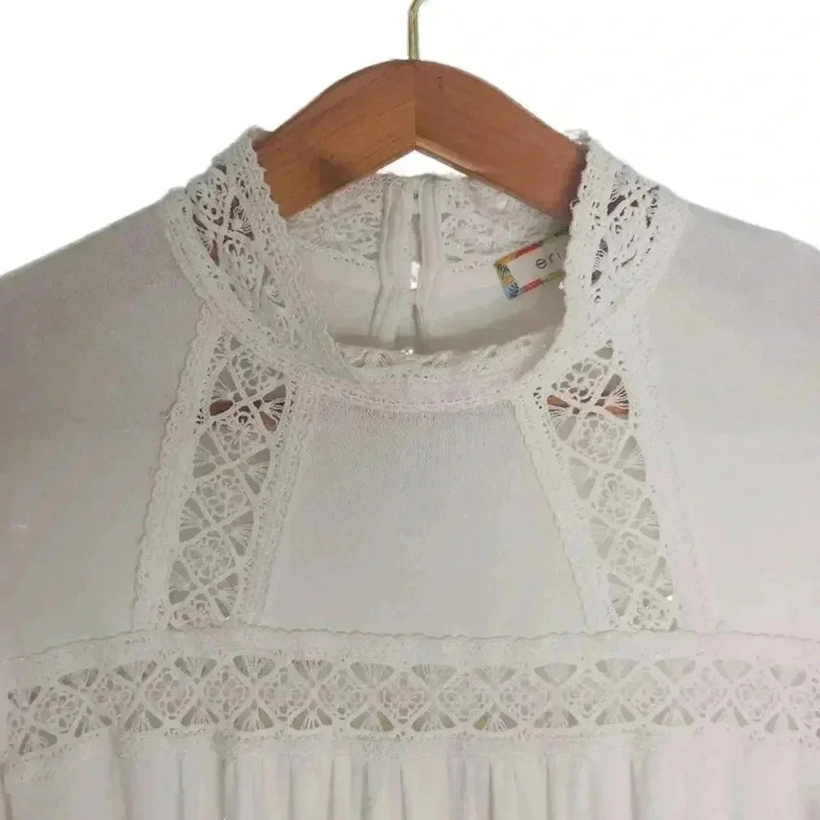 Eri + Ali White High Neck Flowy Peasant Blouse Lace Cottagecore Coquette Size M