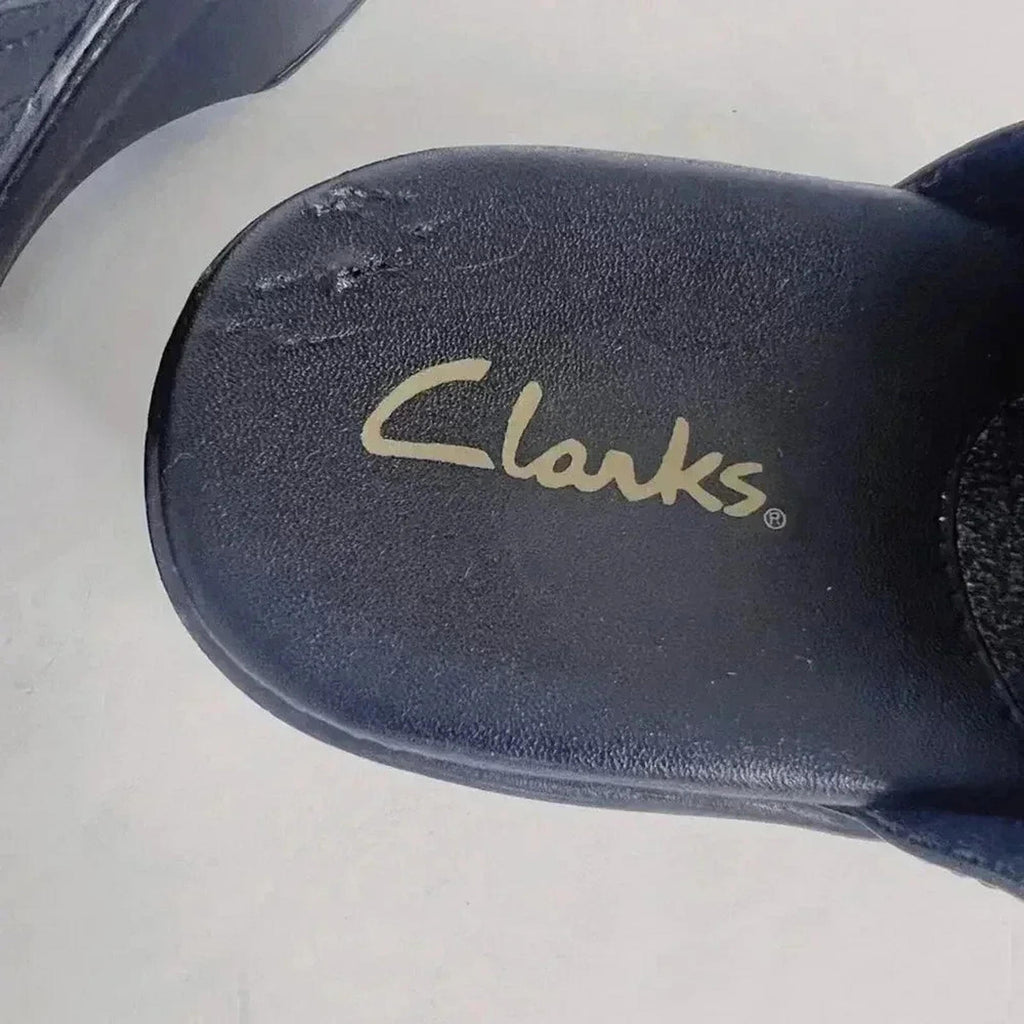 Clarks Black Leather Heeled Mules Clogs Silver Buckle Women's Size 9
