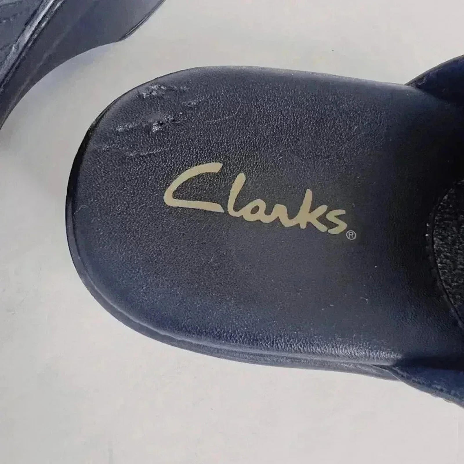 Clarks Black Leather Heeled Mules Clogs Silver Buckle Women's Size 9