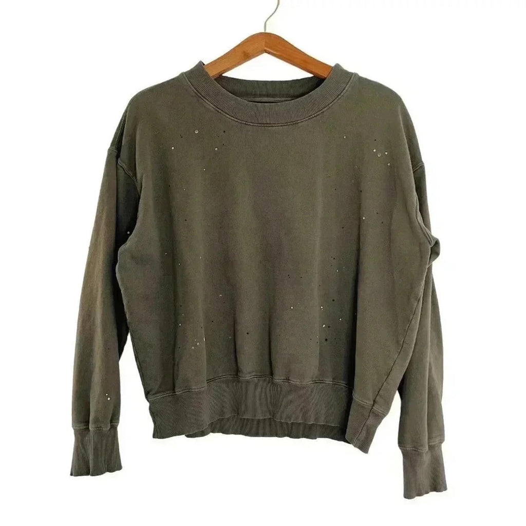 Sundry Army Green Gold Paint Splattered Crewneck Sweatshirt Distressed Size 4