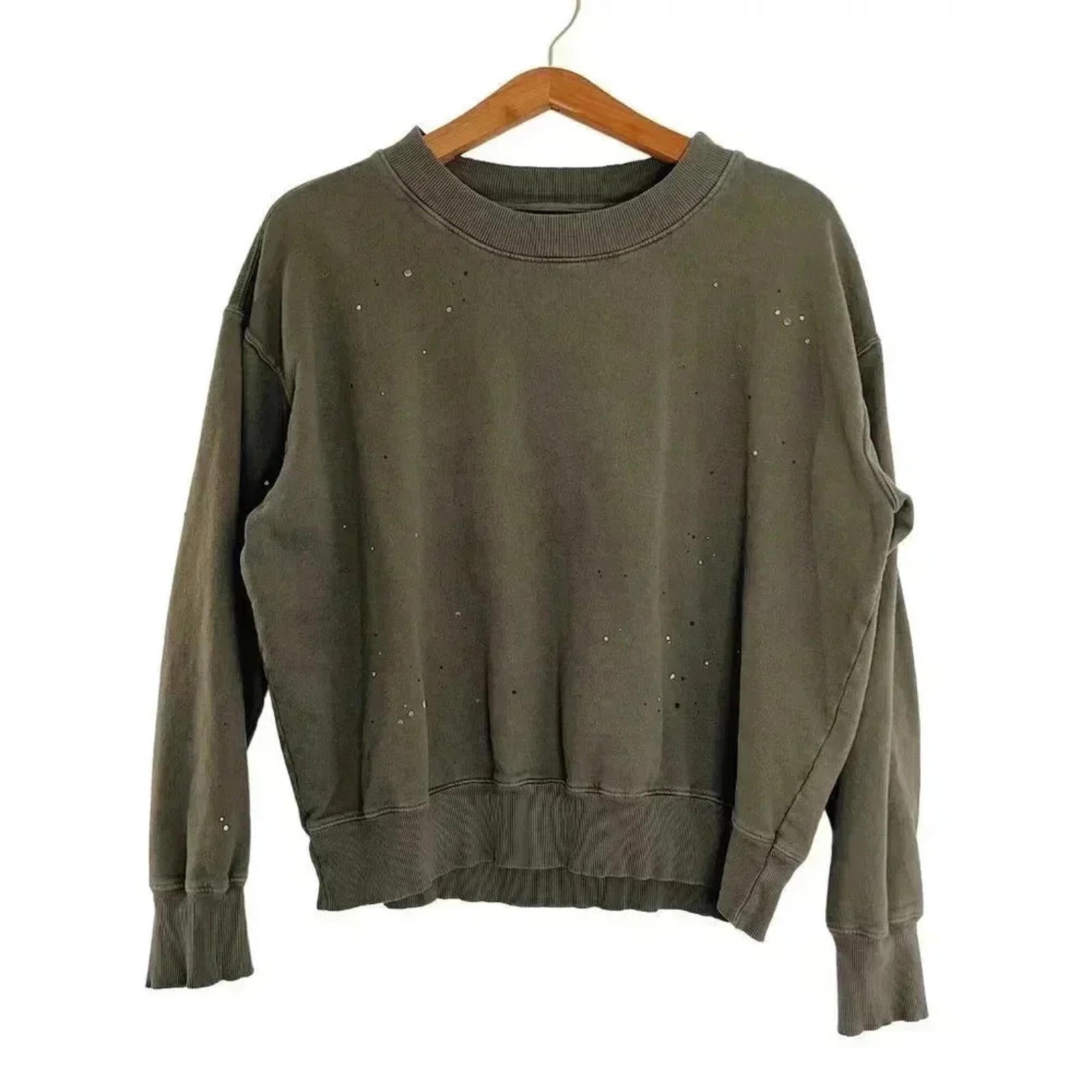 Sundry Army Green Gold Paint Splattered Crewneck Sweatshirt Distressed Size 4
