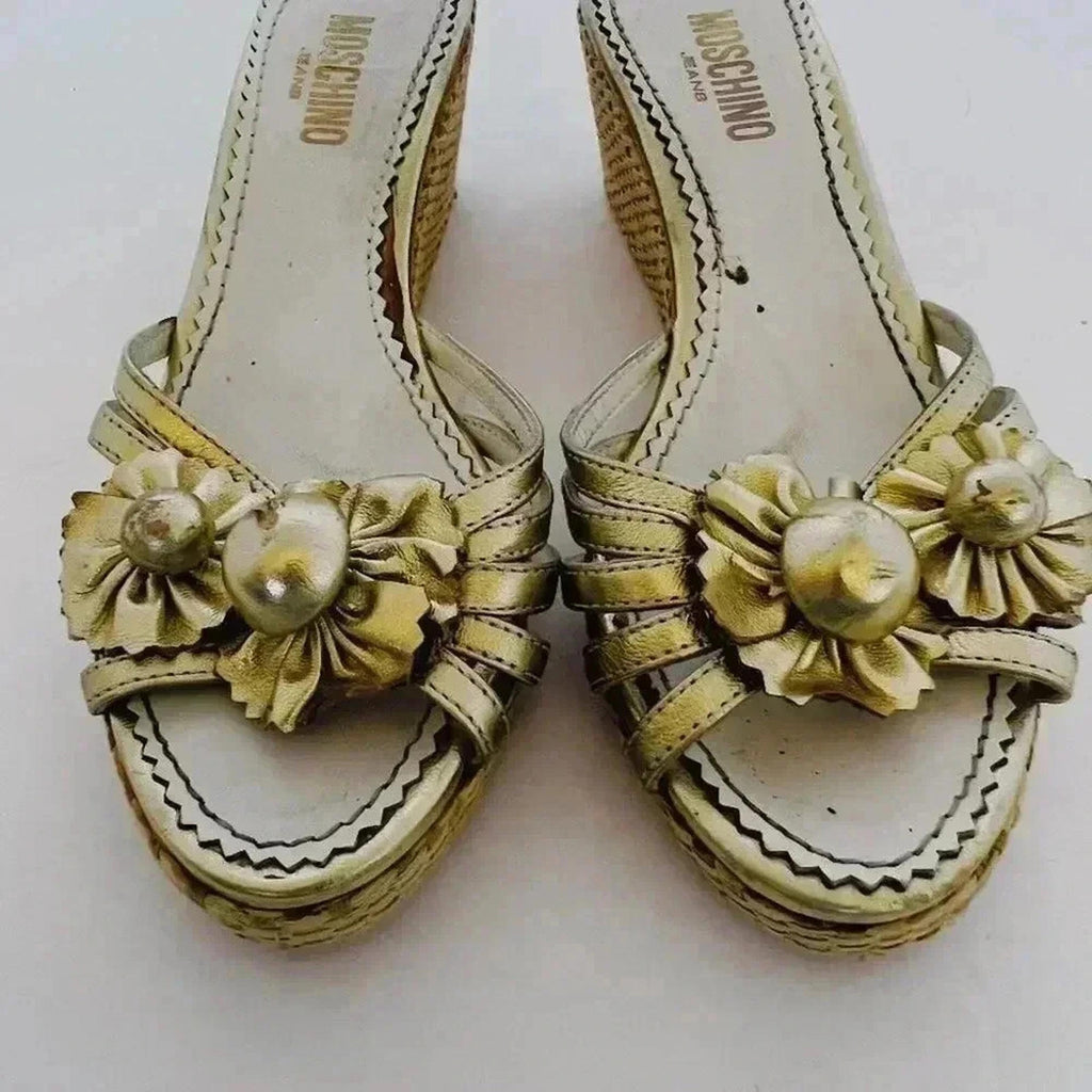 Moschino Gold Flower Platform Wedge Sandals Wicker Women's Size 7