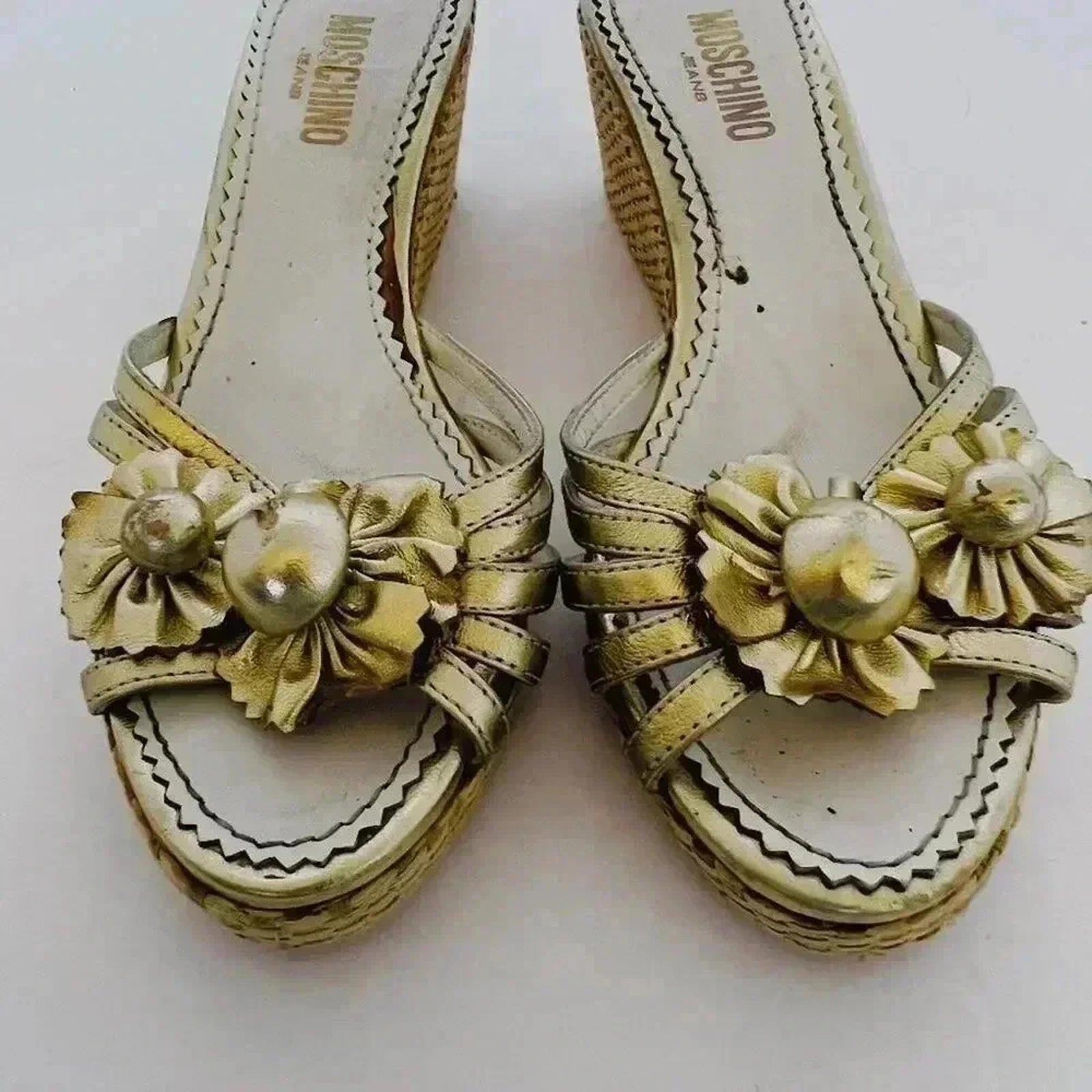 Moschino Gold Flower Platform Wedge Sandals Wicker Women's Size 7