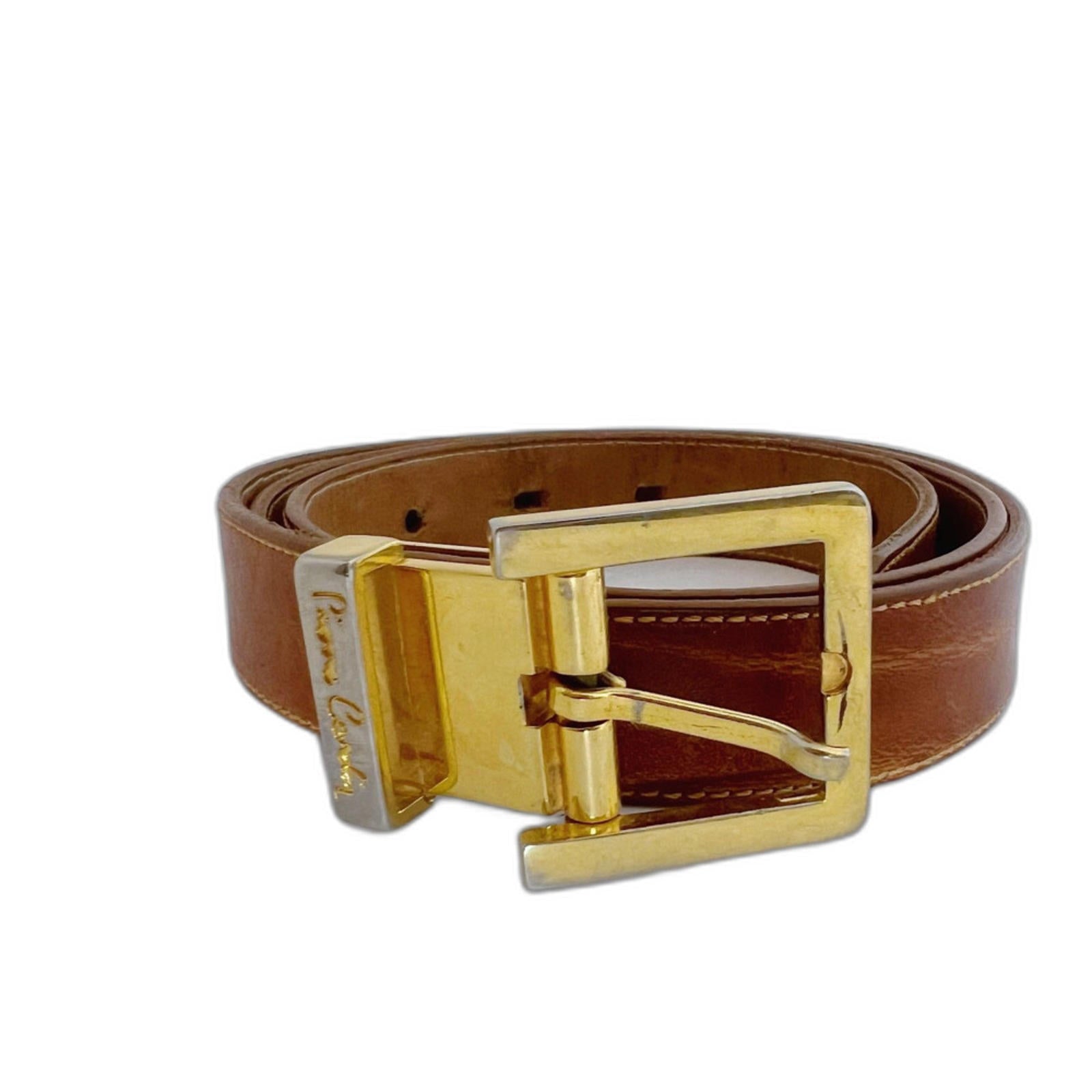 Pierre Cardin Vintage Cognac Brown Leather Skinny Belt Gold Hardware Size 34