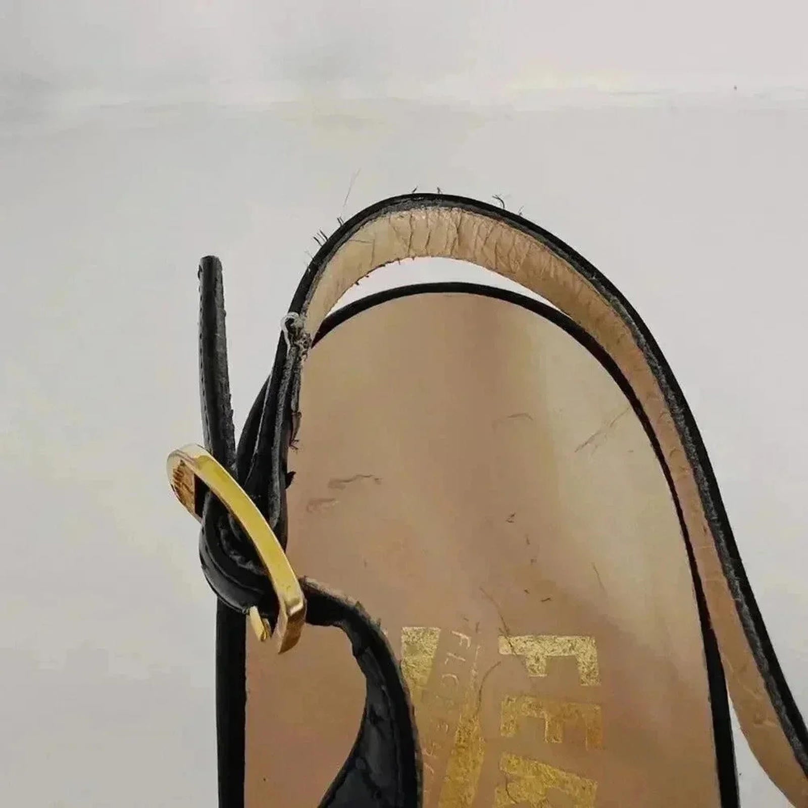 Ferragamo Vintage Leather Slingback Peep Toe Heels Gold Emblem Women's Size 6.5