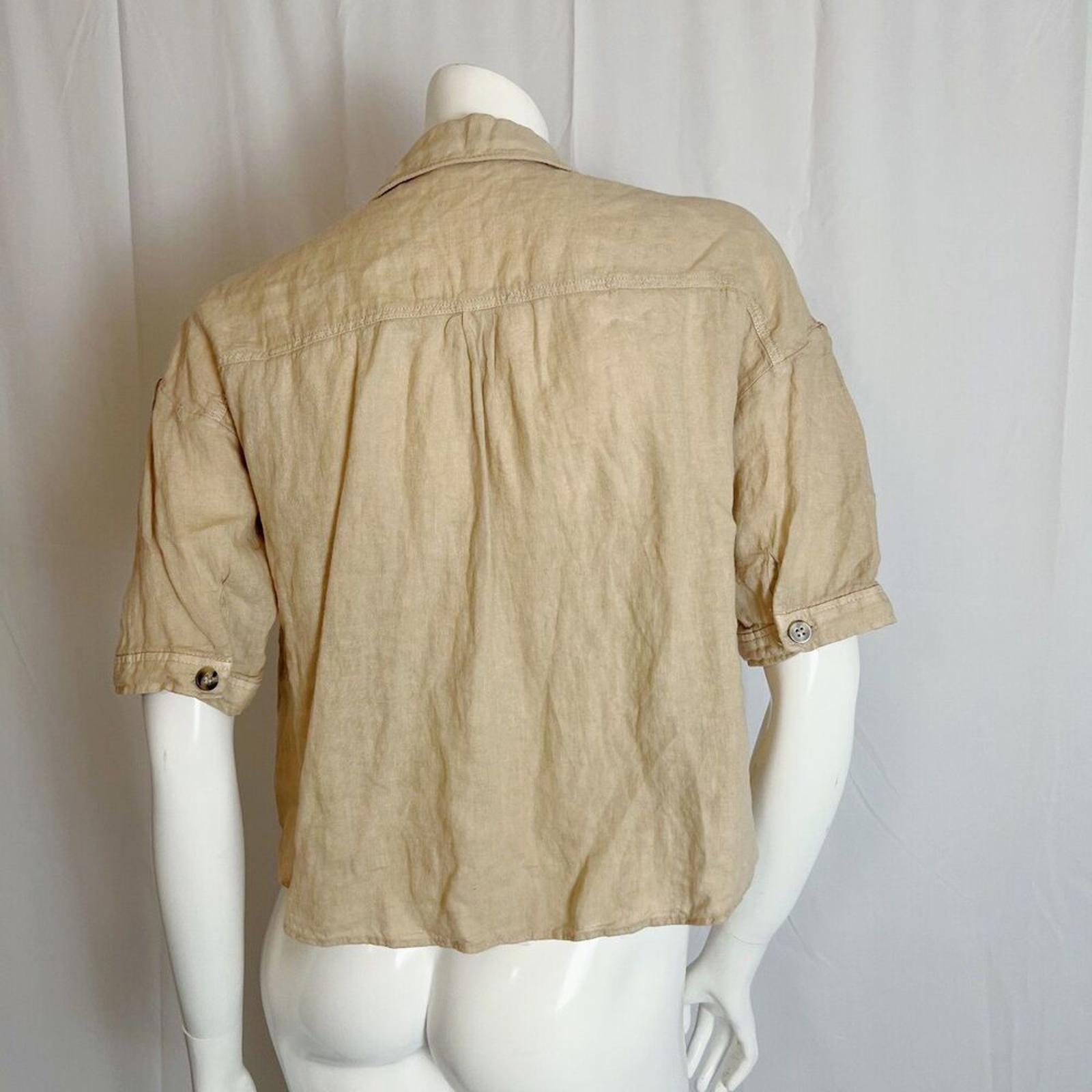 Zara 100% Linen Tan Button Up Short Sleeve Shirt Women's Size S