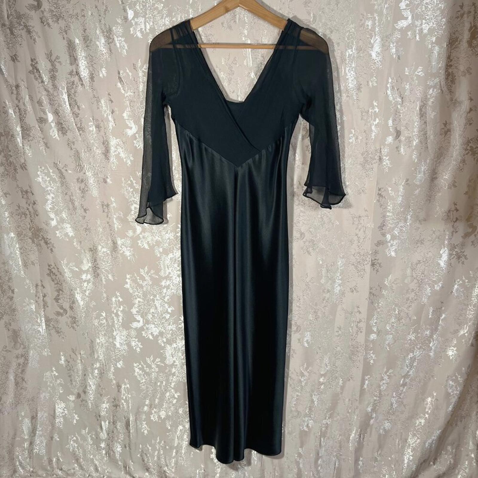 Vintage 90s Jones New York Black Satin Chiffon Sleeves Elegant Gown Dress Size 6
