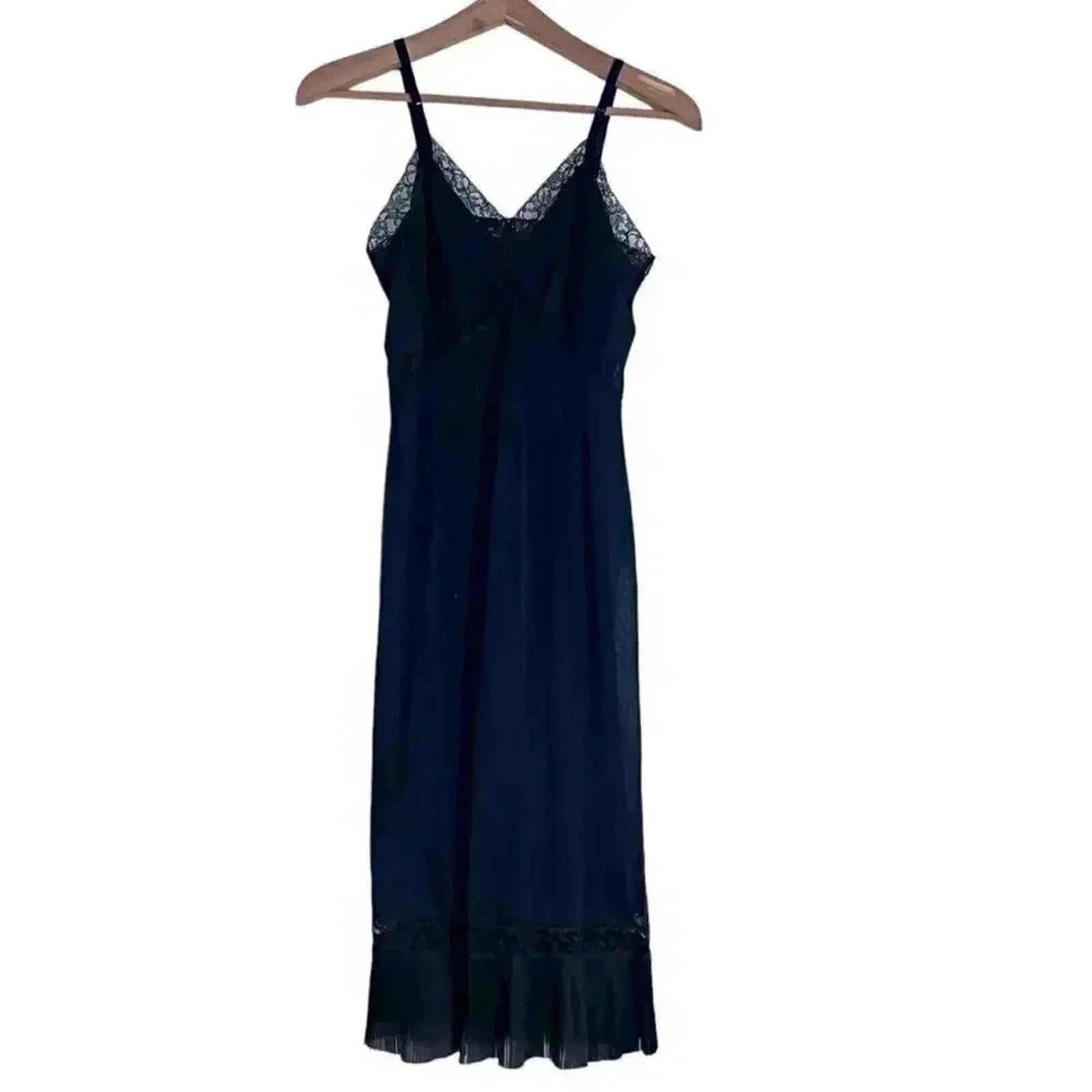 Vintage Vanity Fair Black Lace Slip Midi Dress Women's Size 4