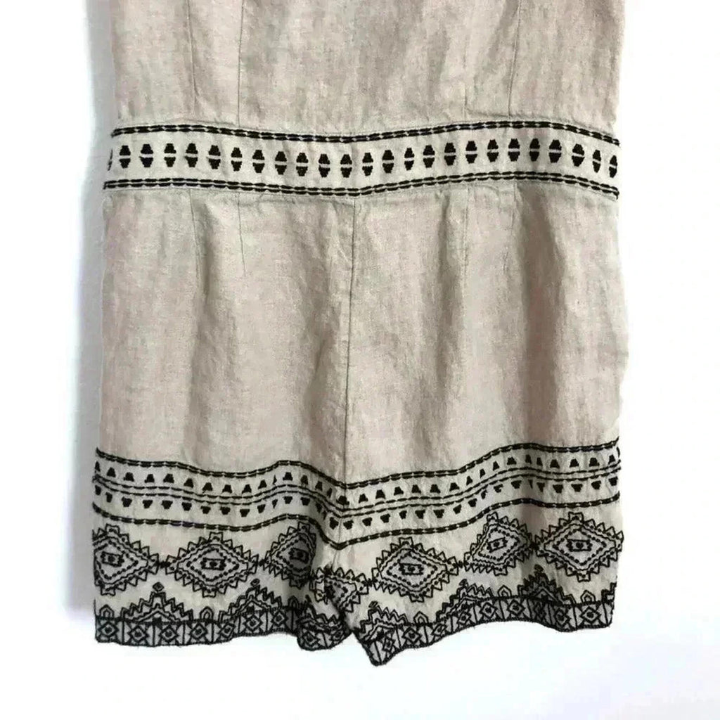 Ann Taylor LOFT Linen Oatmeal Black Embroidered Petite Romper Women's Size 4 P
