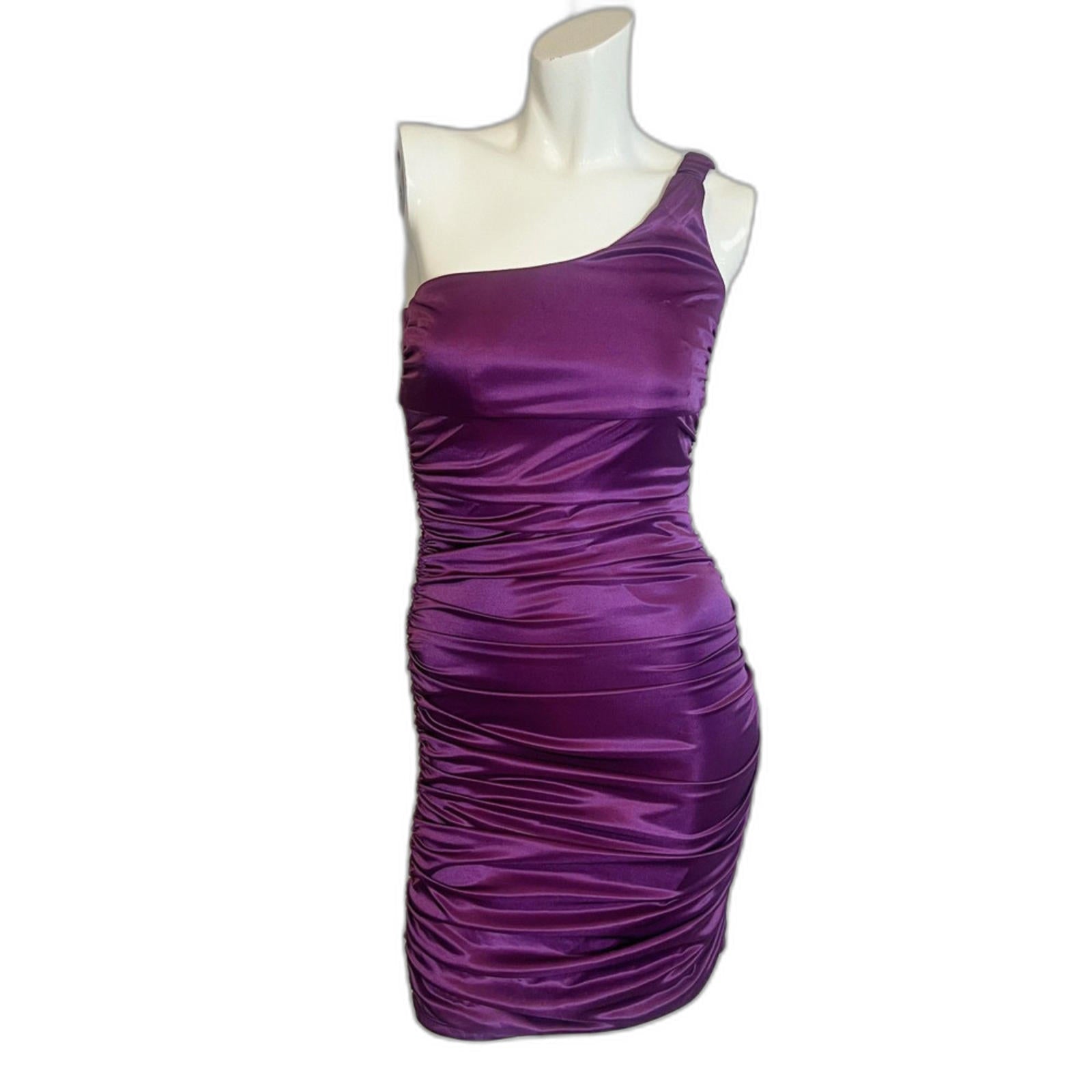 y2k Vintage Poly USA Shiny Purple Ruched Asymmetrical Bodycon Dress Size S