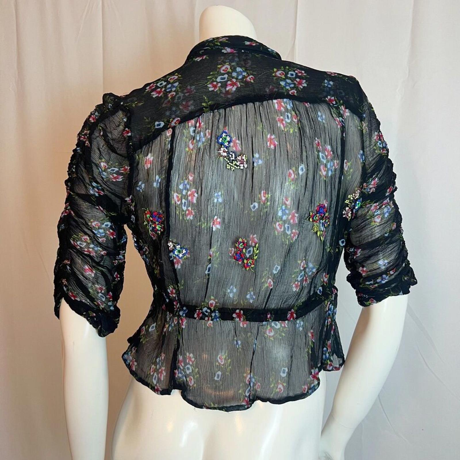 Free People Buttercup Black Floral Beaded Embroidered Keyhole Blouse Size S