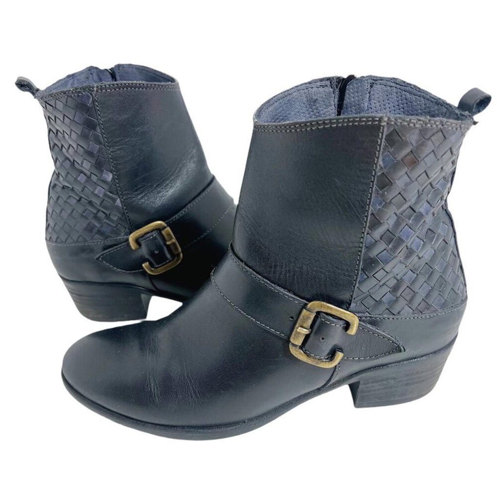Sesto Meucci Black Leather Woven Booties Ankle Boots Women's Size 6.5