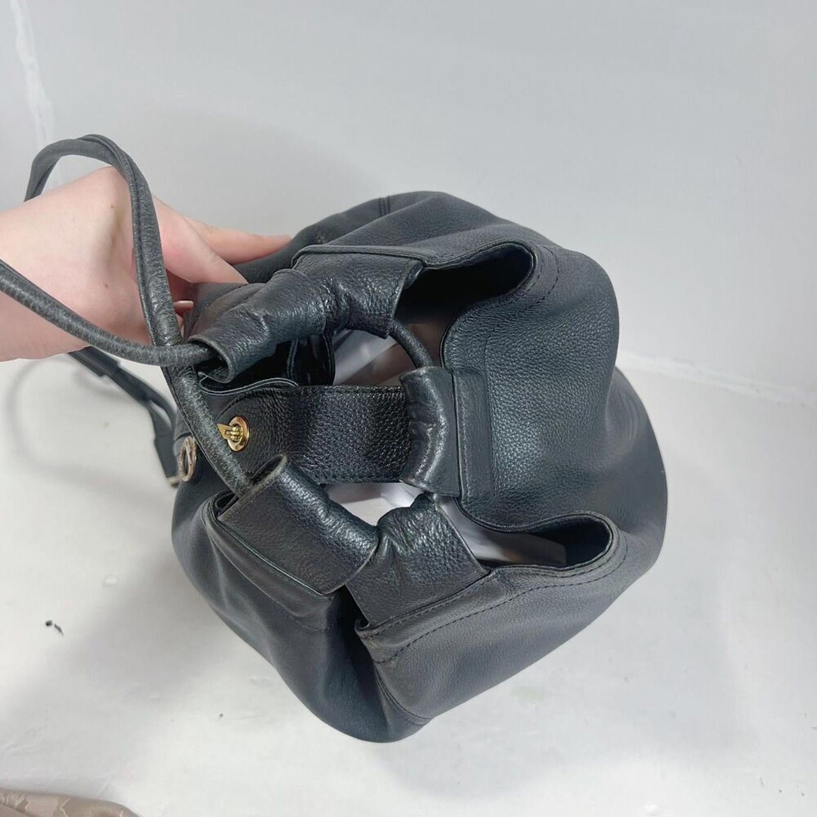 Longchamp RARE Vintage 90s Black Leather Drawstring Backpack Bag