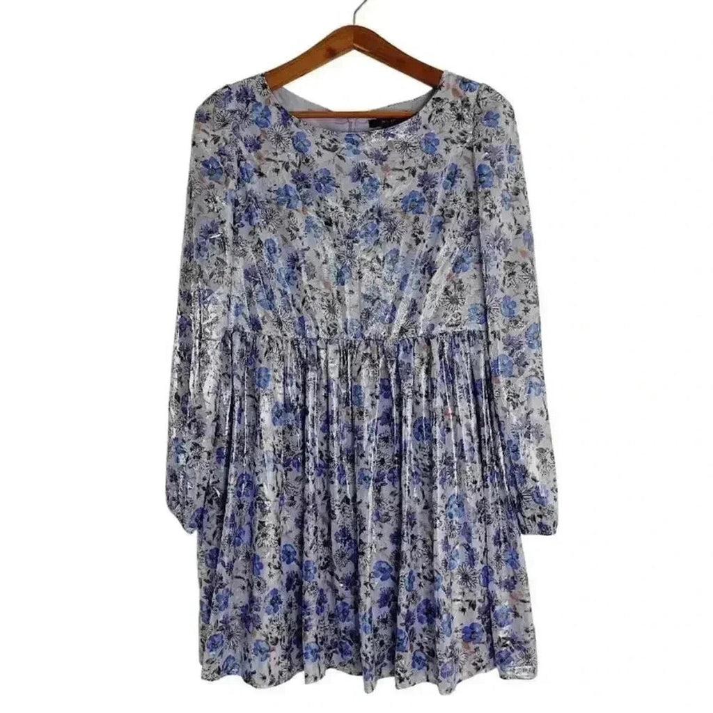NWOT Forever 21 Purple Floral Metallic Babydoll Dress Women's Size L