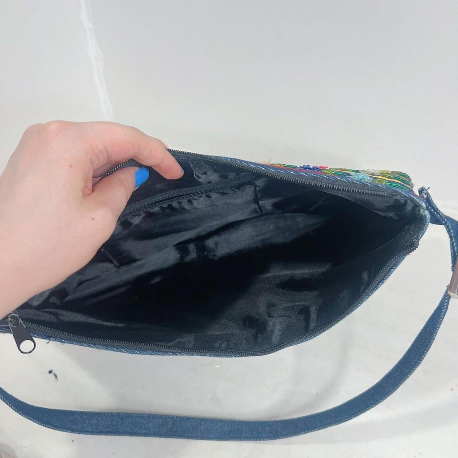 y2k Vintage Denim Floral Beaded Bead Embroidered Shoulder Bag Purse