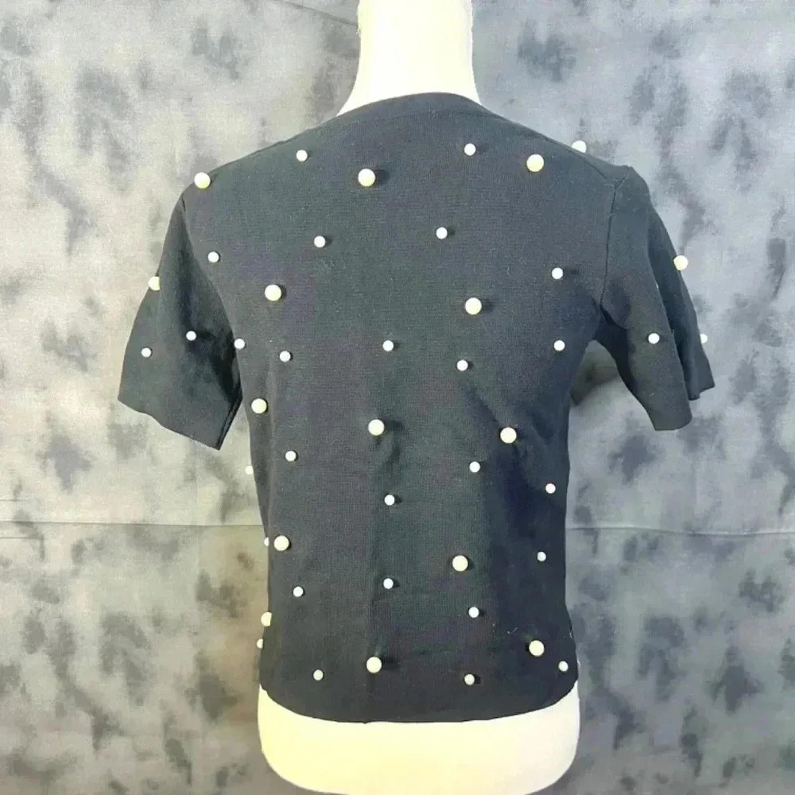 Zara Pearl Embellished Black Knit Short Sleeve Top Size S