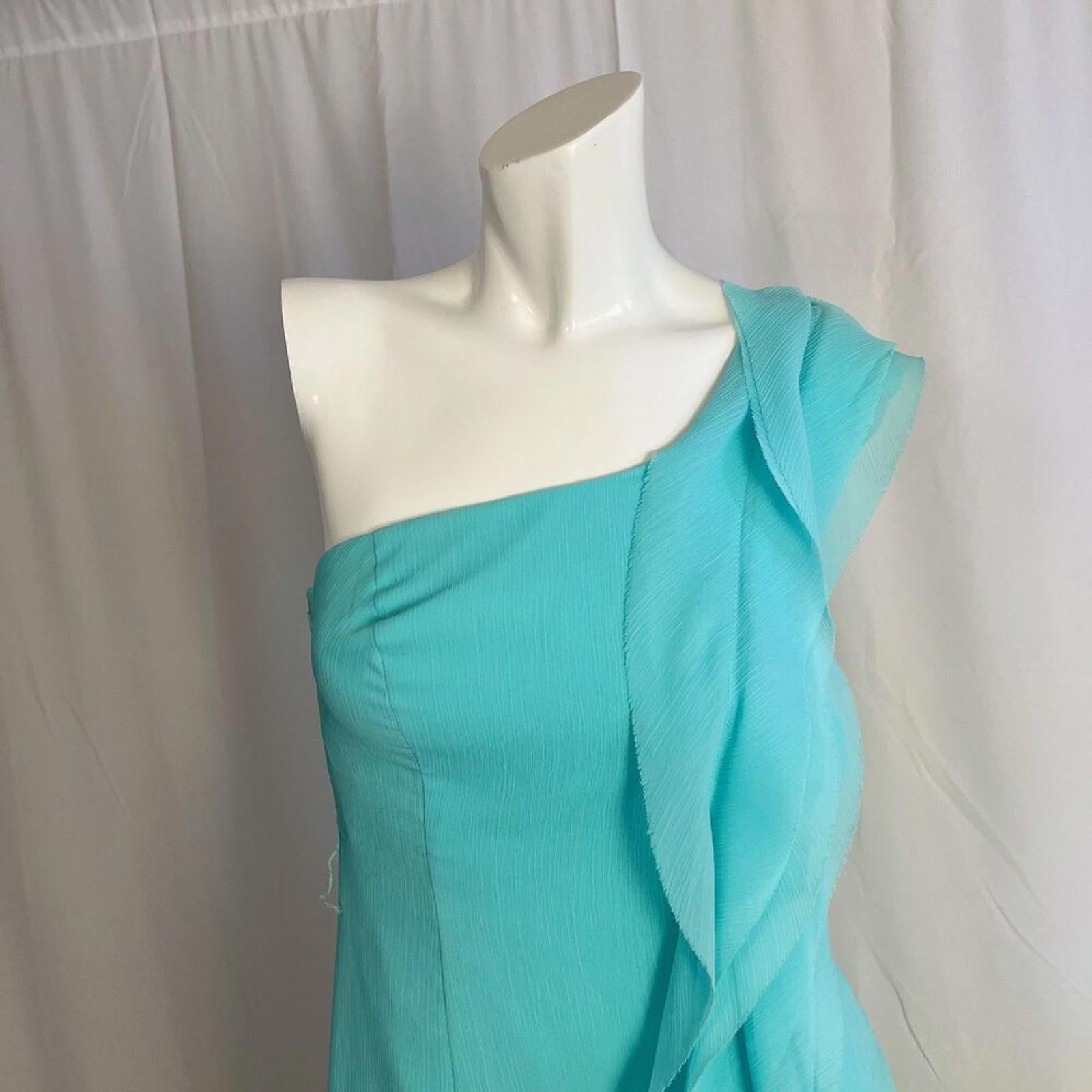 Vera Wang White Aqua Blue Chiffon One Shoulder Ruffle Summer Maxi Dress Size 4