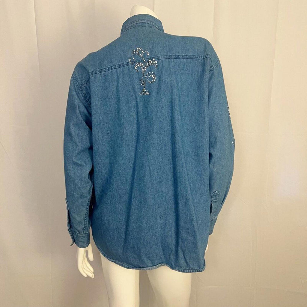 Vintage La Sha Denim Button Up Shirt Rhinestones Western Country Women's Size L
