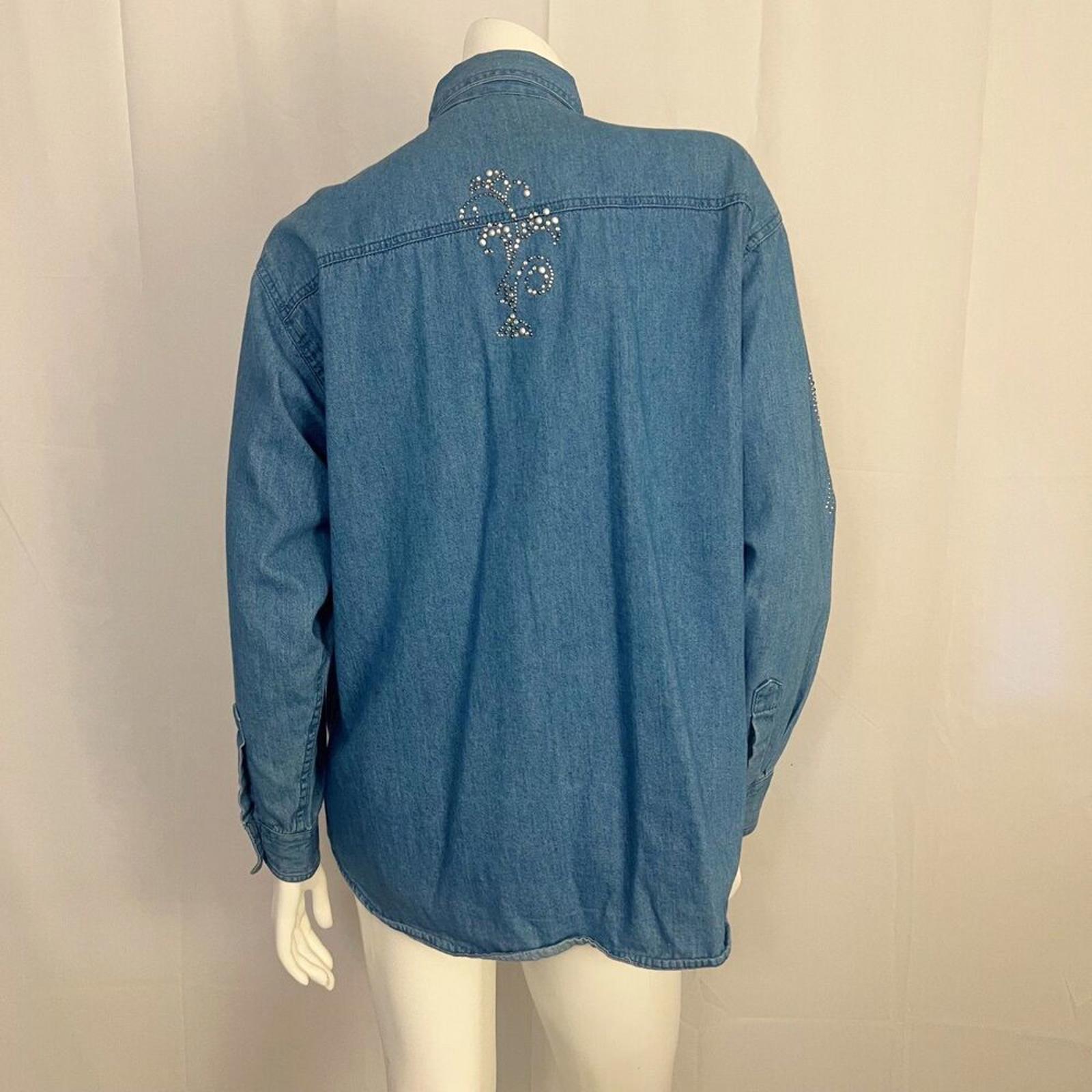 Vintage La Sha Denim Button Up Shirt Rhinestones Western Country Women's Size L
