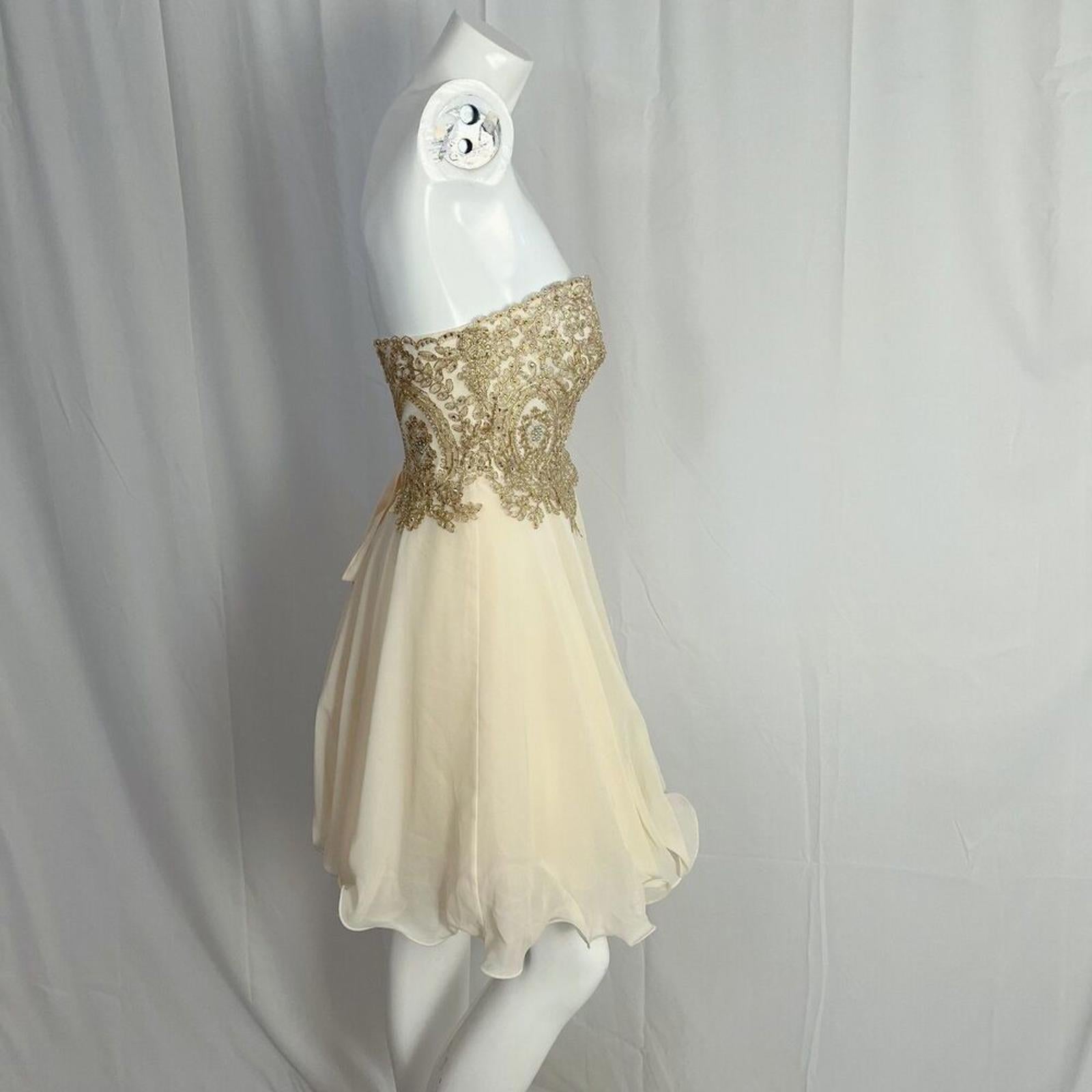 Metallic Gold Corset Cream Chiffon Strapless Formal Dress Prom Homecoming Size 4