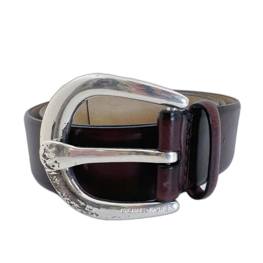 Michael Kors Brown Leather Belt Silver Buckle y2k Boho Chic Size M