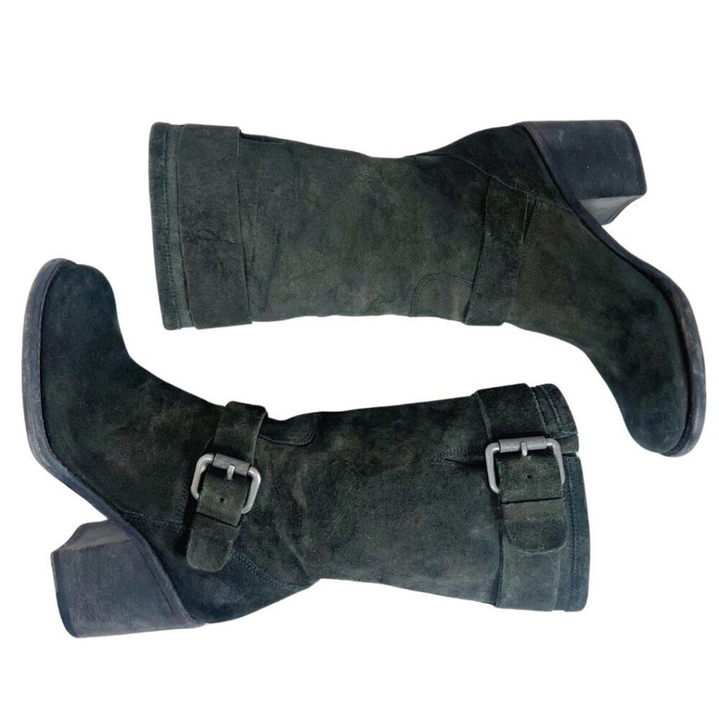 Vera Wang Lavender Cameron Double Buckle Boot Olive Green Suede Size 7 Moto