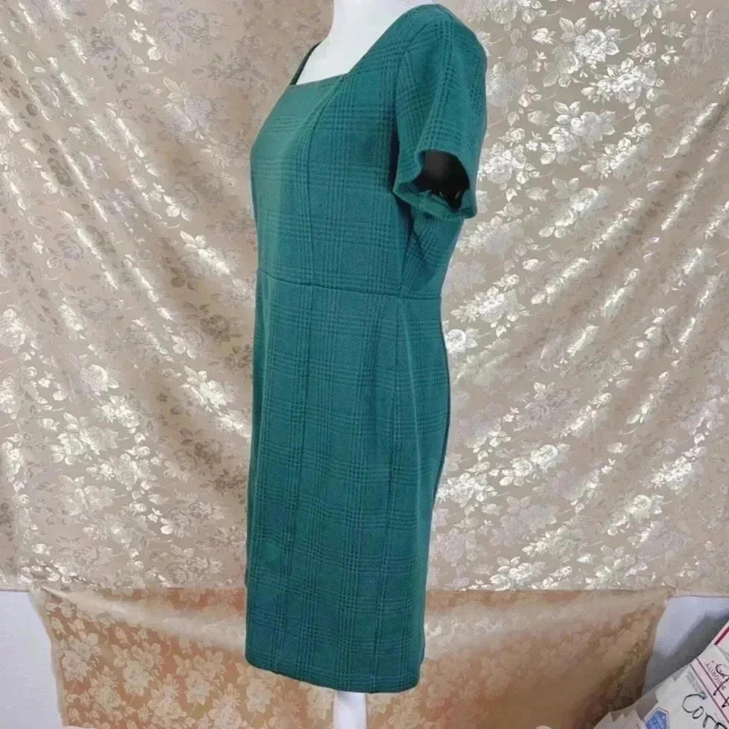 Ann Taylor Petite Green Houndstooth Sheath Dress Office Women's Size 12P