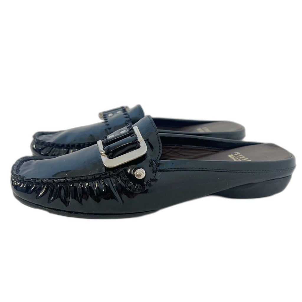 Stuart Weitzman Black Patent Leather Loafer Mules Buckled Slide Women's Size 6