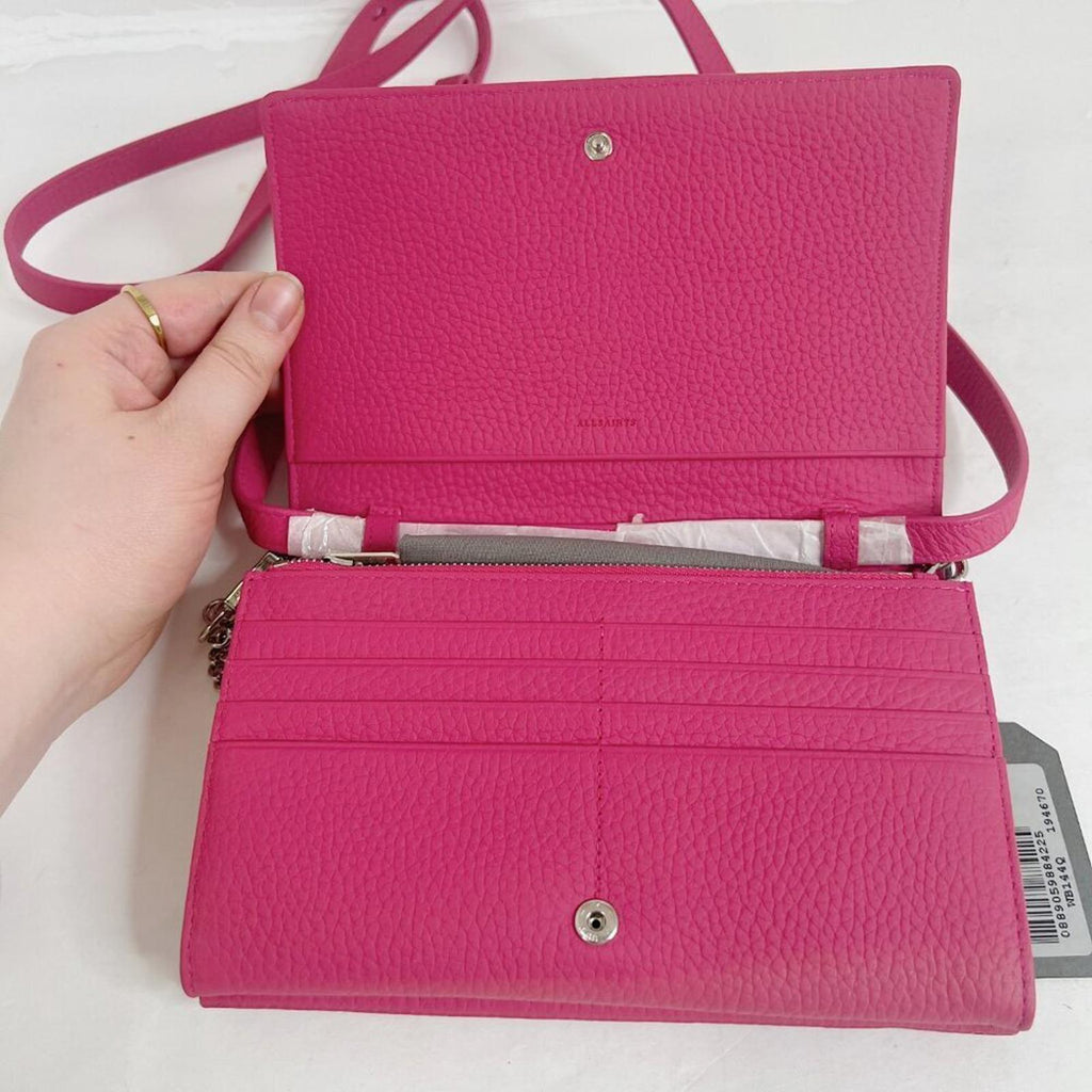NWT AllSaints Fetch Pink Pebbled Leather Crossbody Wallet Chain Strap Bag