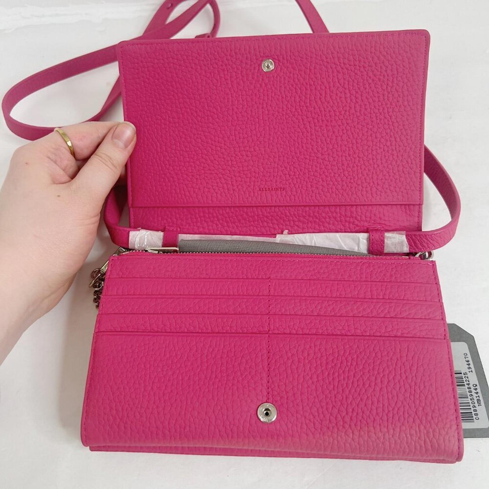 NWT AllSaints Fetch Pink Pebbled Leather Crossbody Wallet Chain Strap Bag
