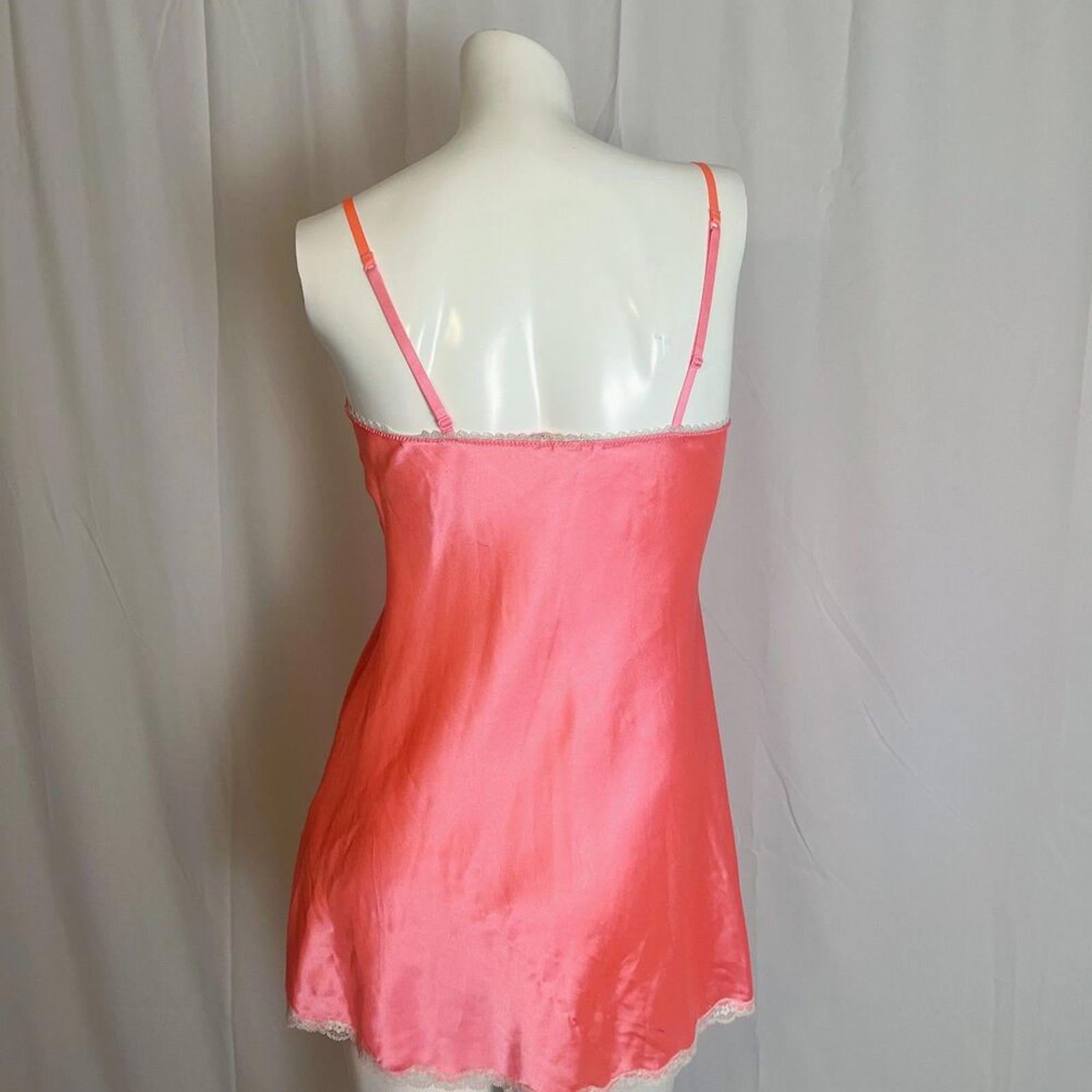 Y2K Vintage Victoria's Secret VS Neon Pink Slip Dress Lace Trim Bows Size S