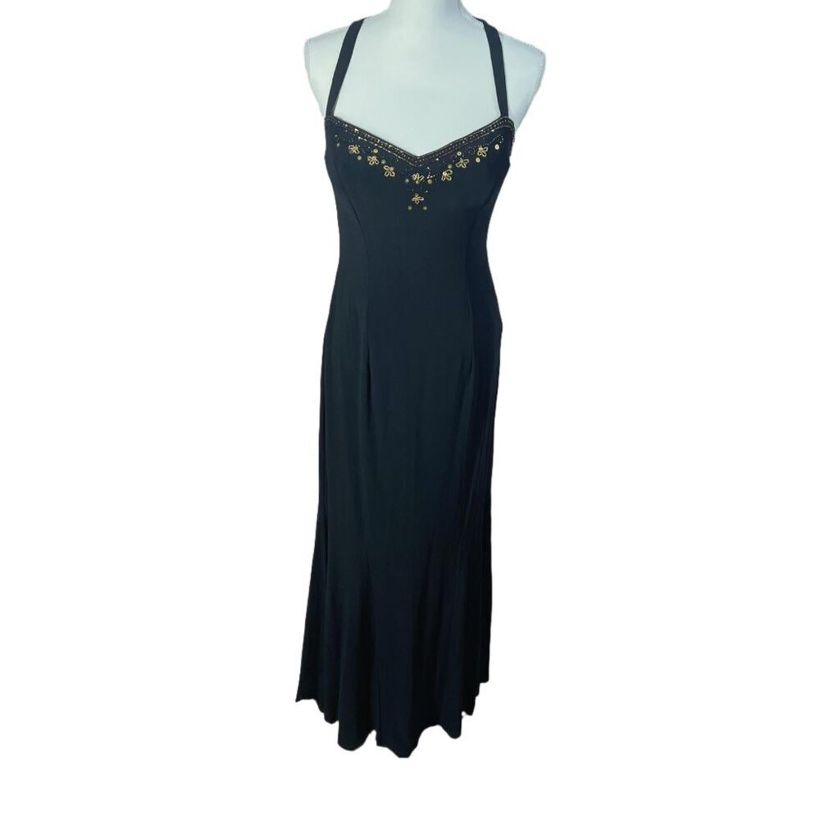 Vintage Dave & Johnny Black Gold Beaded Gown Mesh Detailing Formal Dress Size 8