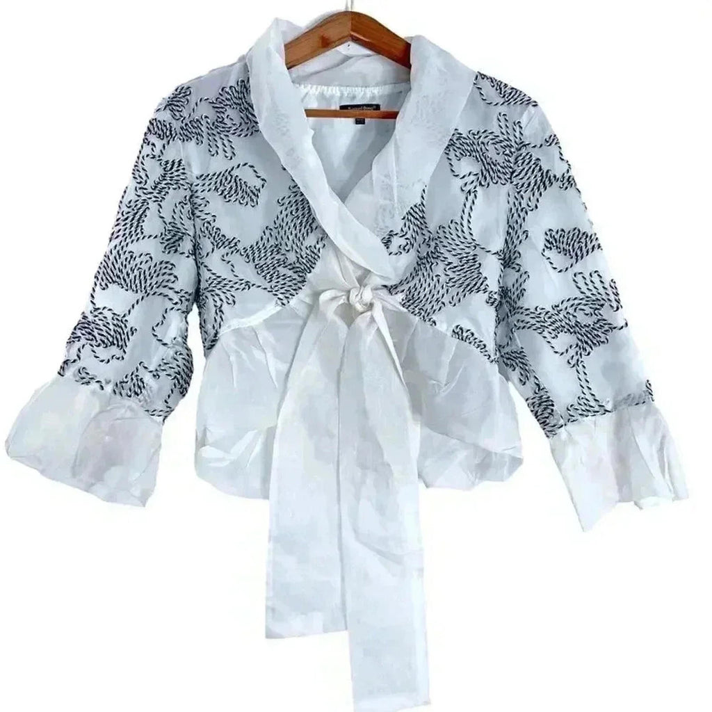 Samuel Dong Silk Black and White Embroidered Abstract Design Blouse Size M
