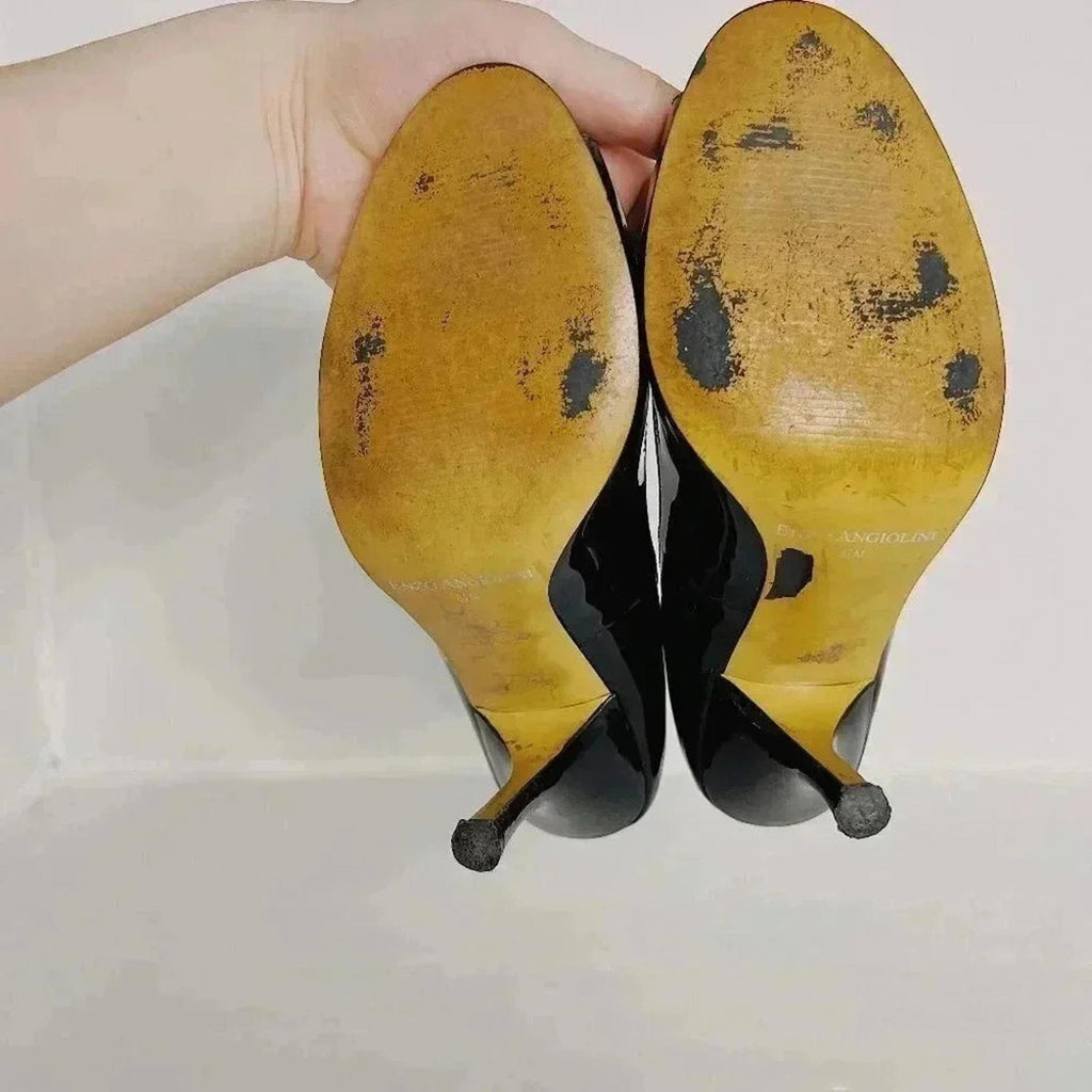 Enzo Angiolini Black Patent Leather Peep Toe Pumps Heels Stilettos Size 8.5
