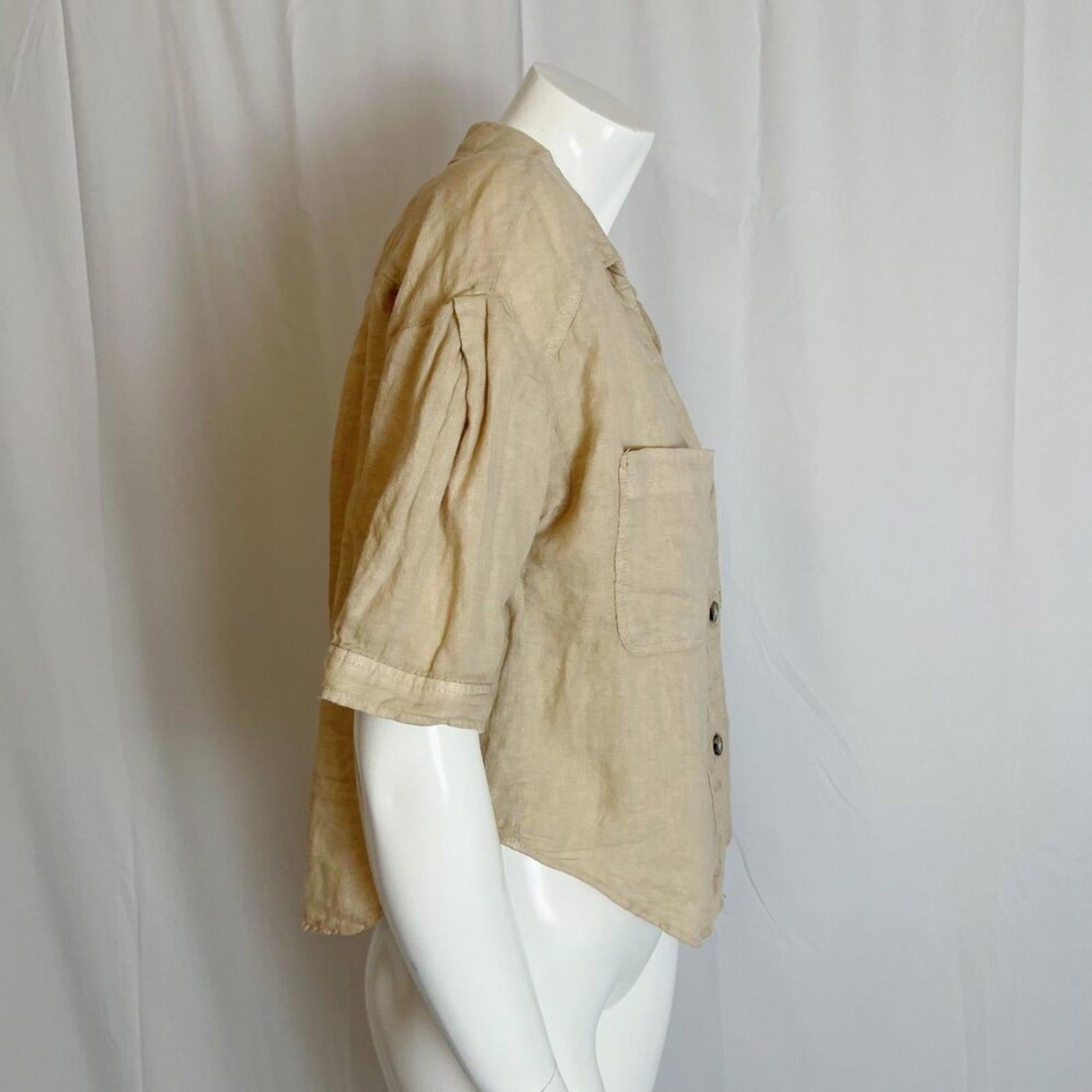 Zara 100% Linen Tan Button Up Short Sleeve Shirt Women's Size S