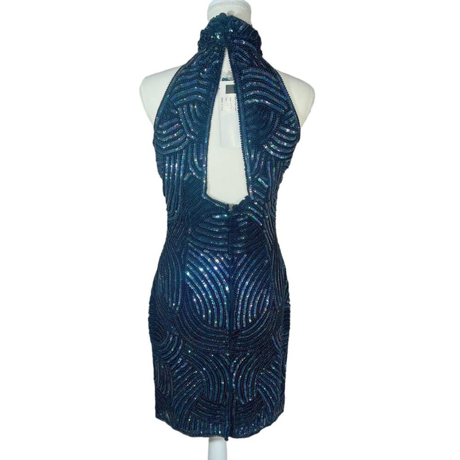 NWT Carina International Handmade Silk Blue Beaded Halter Dress Formal Size M