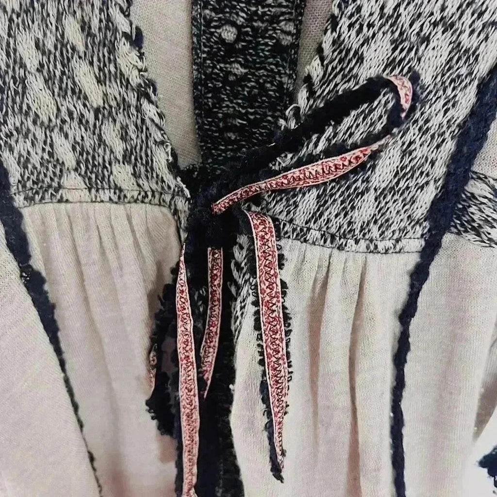 Anthropologie Sleeping on Snow Oatmeal Black Embroidered Knit Cardigan Size S