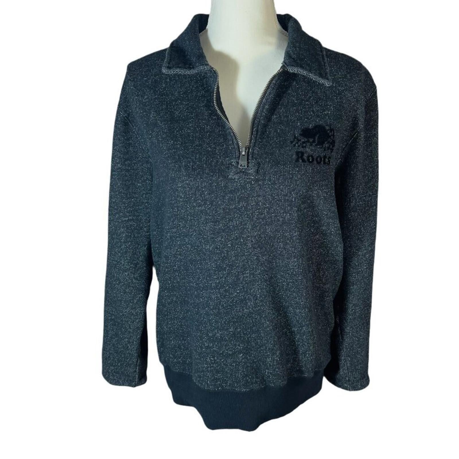 Roots Men's Black White Original Half Zip Sweatshirt Jacket Beaver Size M