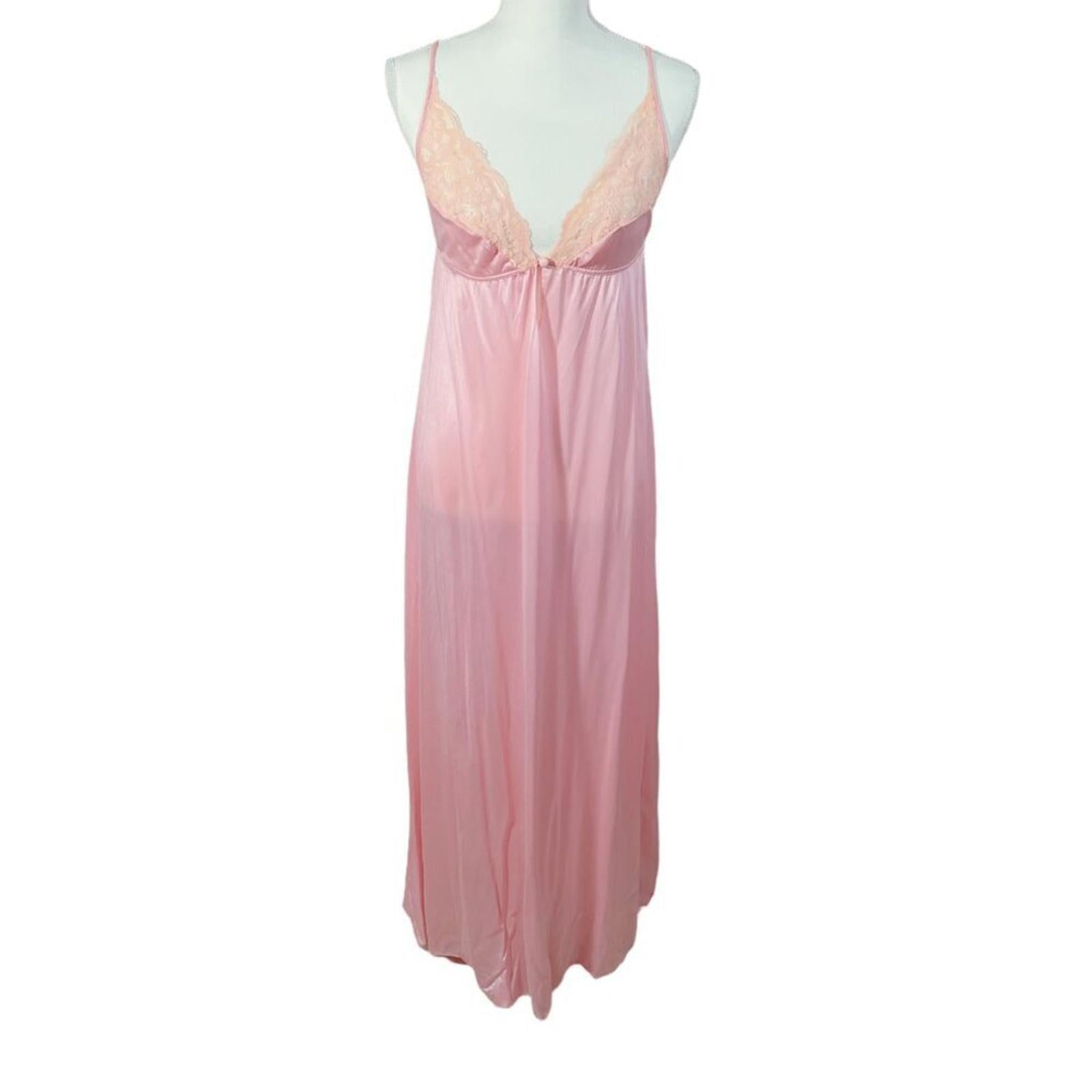 Vintage Flair Lingerie Pink Lace Nightgown Satin Maxi Dress 70s 80s Size M
