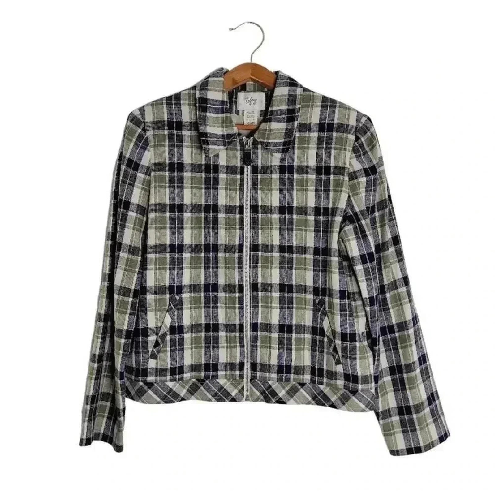 Vintage Tofy Green Blue Plaid Zip Up Jacket Women's Size 12