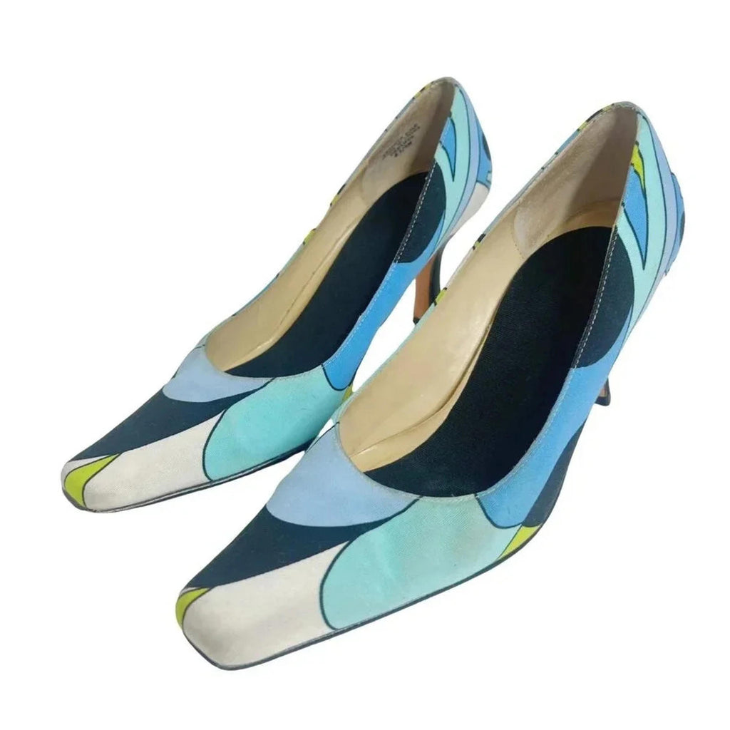 Y2K Vintage Karen Scott Blue and Green Mod Print Pumps Women's Size 6.5